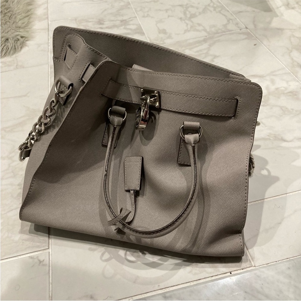 Gray Structured Tote Bag with Chain Accent